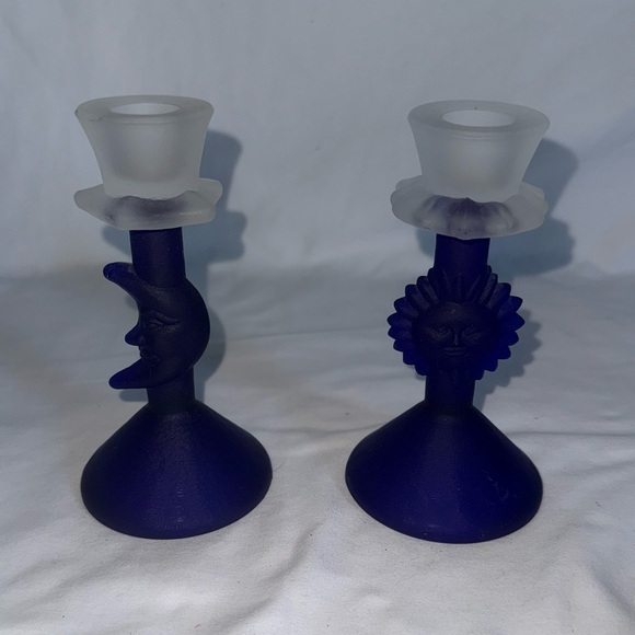Other - VTG Colbalt Blue Frosted Moon Sun Candle Stick Holders Celestial Bohemian ~